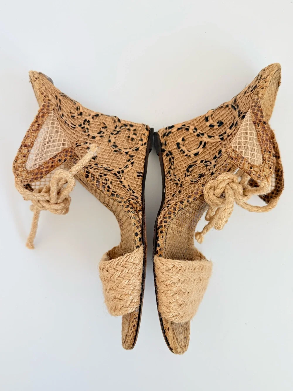 Manolo Blahnik Raffia Espadrille Lace-Up Wedge Sandals Beige Woven EU 38.5 Y2K